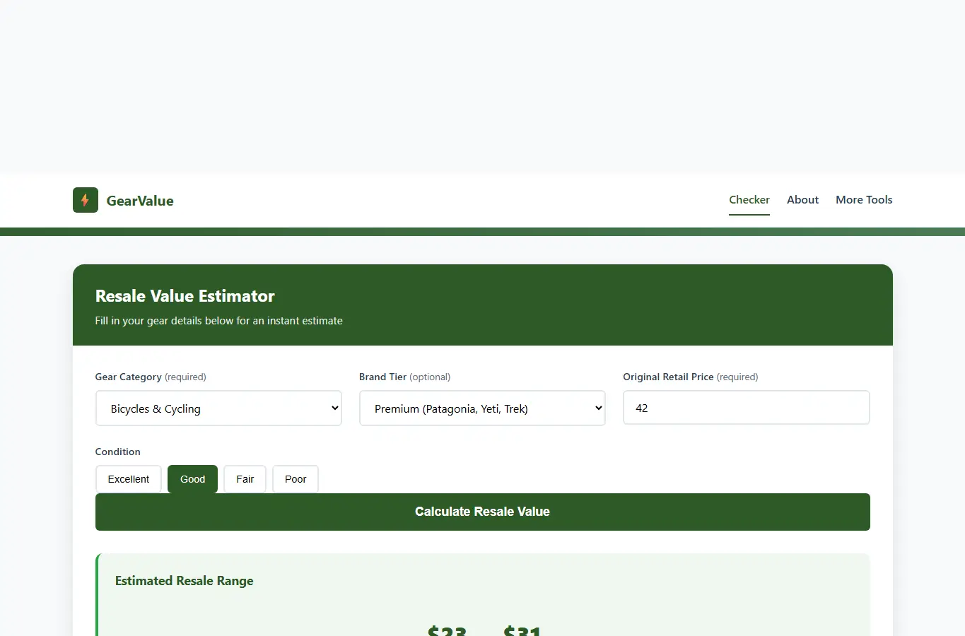 Screenshot of Sports Gear Resale Value Checker interface showing the project page in use